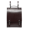 Dark brown genuine leather women backpack with structured rectangular shape and silver buckle closures for bag book use