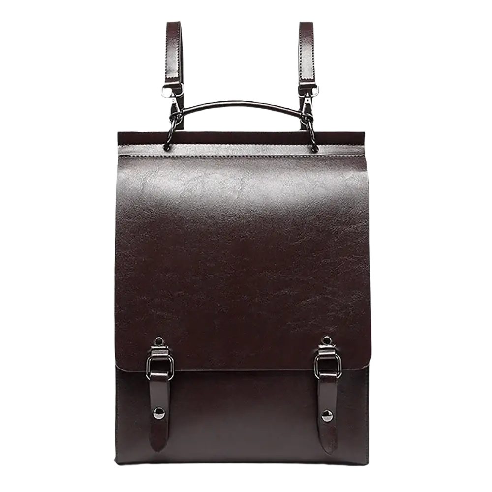 Dark brown genuine leather women backpack with structured rectangular shape and silver buckle closures for bag book use