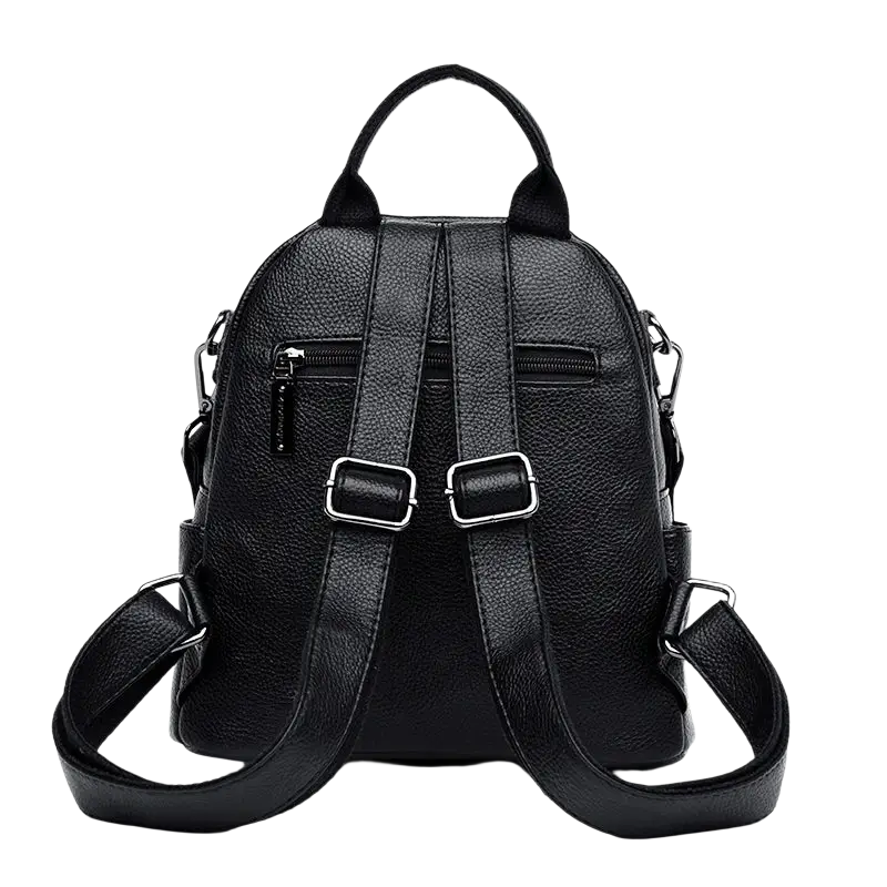 Genuine leather black women travel backpack with textured finish silver-toned metal buckles and pocket interior