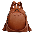 Brown genuine leather women travel backpack with rounded shape dual straps and pocket interior for organized storage
