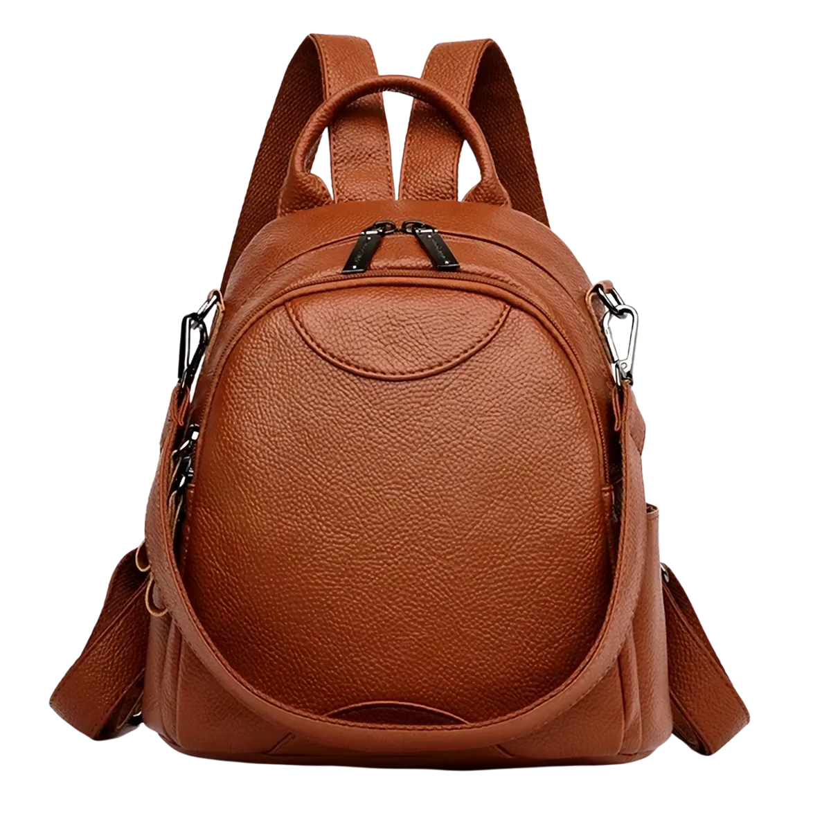 Brown genuine leather women travel backpack with rounded shape dual straps and pocket interior for organized storage