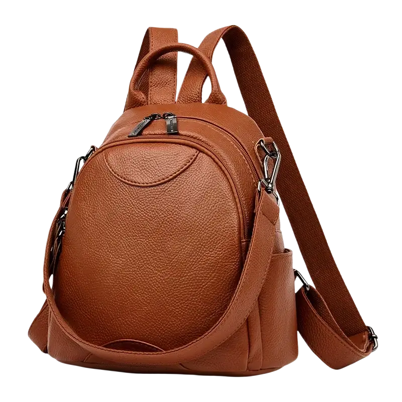 Brown yalepuck genuine leather women travel backpack with textured leather and front zipper pocket interior