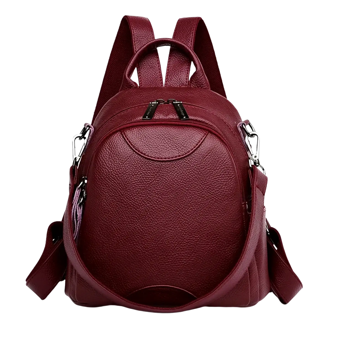 A rich burgundy genuine leather women travel backpack with textured surface dual shoulder straps and pocket interior