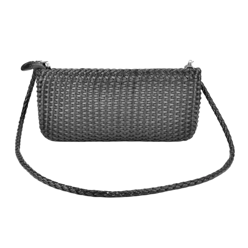 Genuine leather black woven shoulder bag with braided strap and silver-toned zipper for everyday use