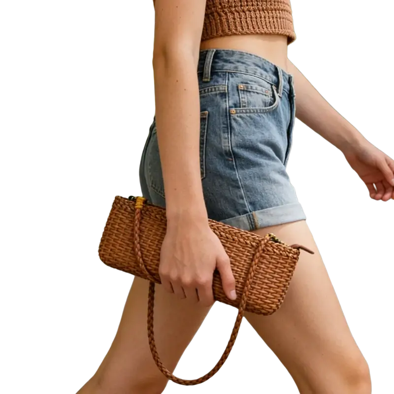 Genuine leather woven shoulder bag in brown with braided handle featuring layer cowhide clutch design