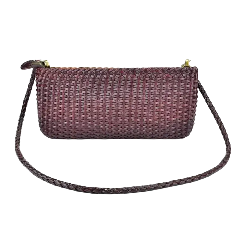 Dark burgundy genuine leather woven shoulder bag featuring braided strap and gold-tone zipper hardware clutch style