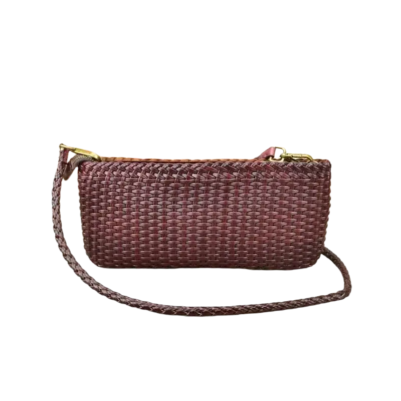 Maroon genuine leather woven shoulder bag with braided strap and gold-tone hardware layer cowhide clutch