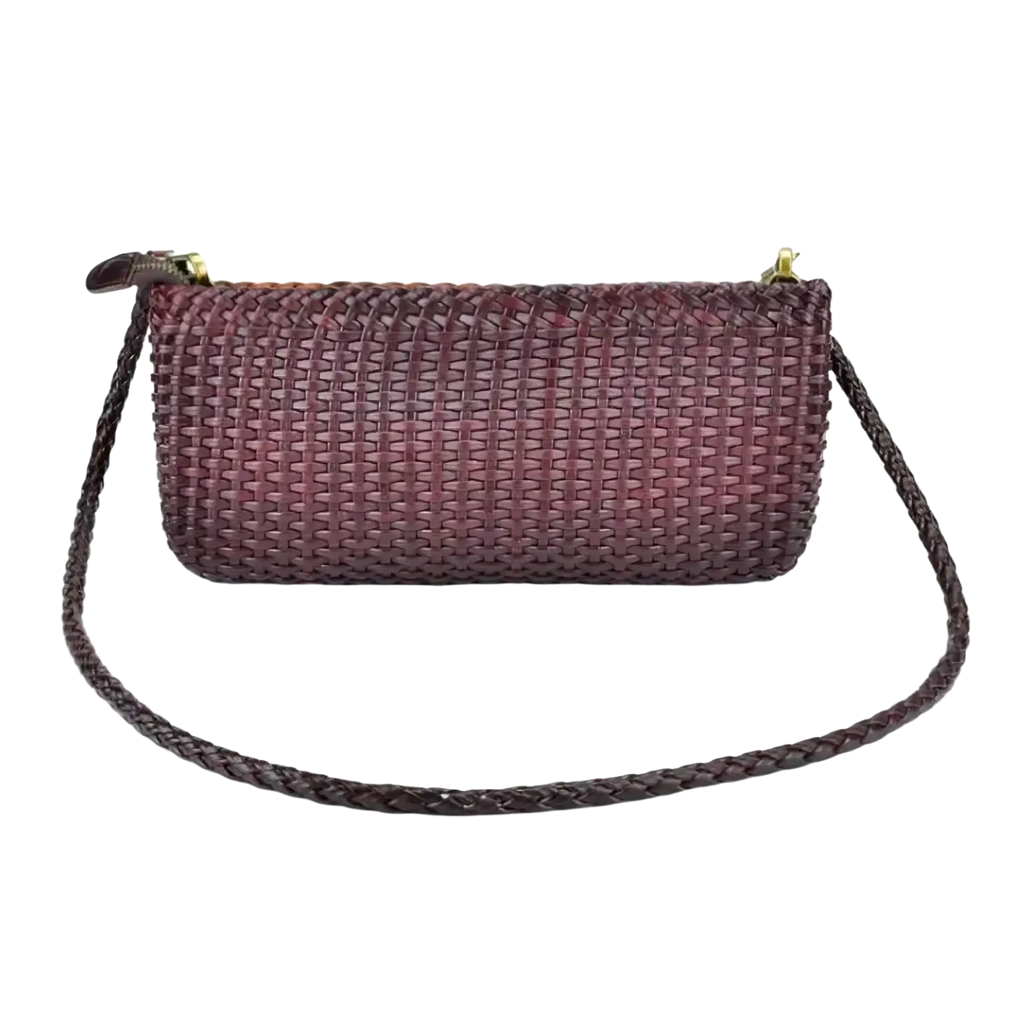 Genuine leather maroon woven shoulder bag with braided strap and gold-tone zipper hardware for elegant use