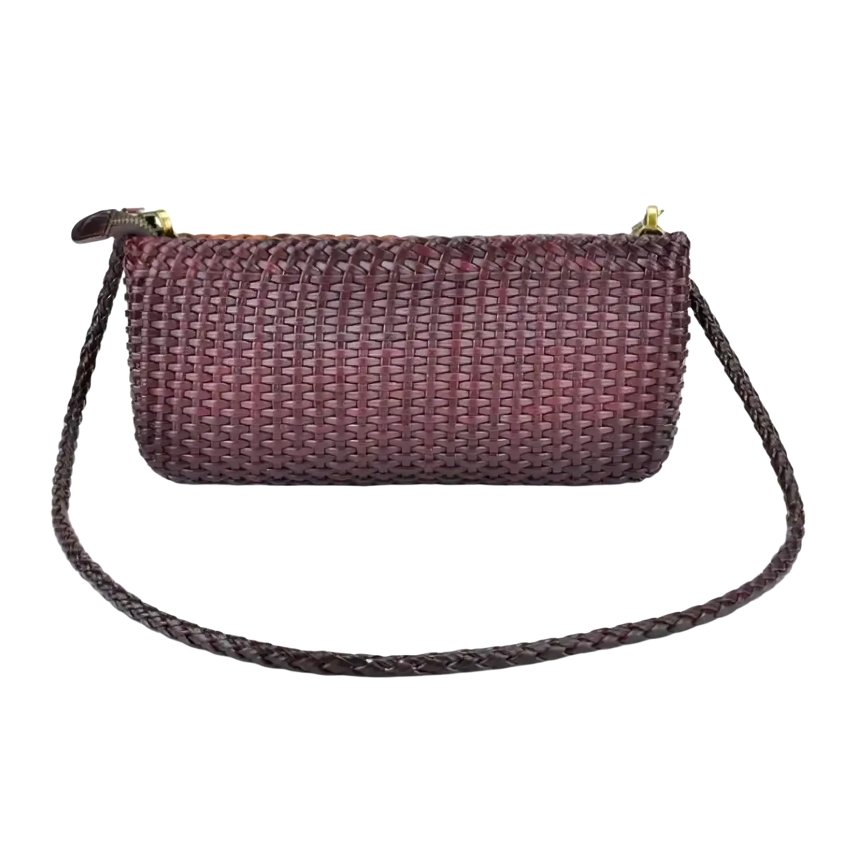 Genuine leather maroon woven shoulder bag with braided strap and gold-tone zipper hardware for elegant use