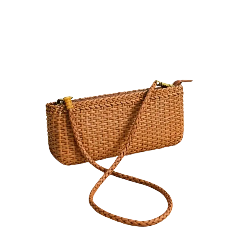 Genuine leather woven shoulder bag in tan with braided leather strap and gold-tone zipper hardware clutch design