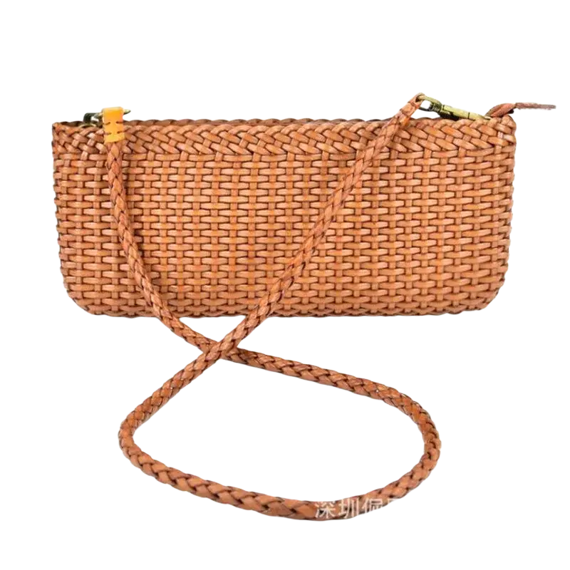Genuine leather woven handbags tan woven straw clutch with braided leather strap and gold-tone zipper pulls