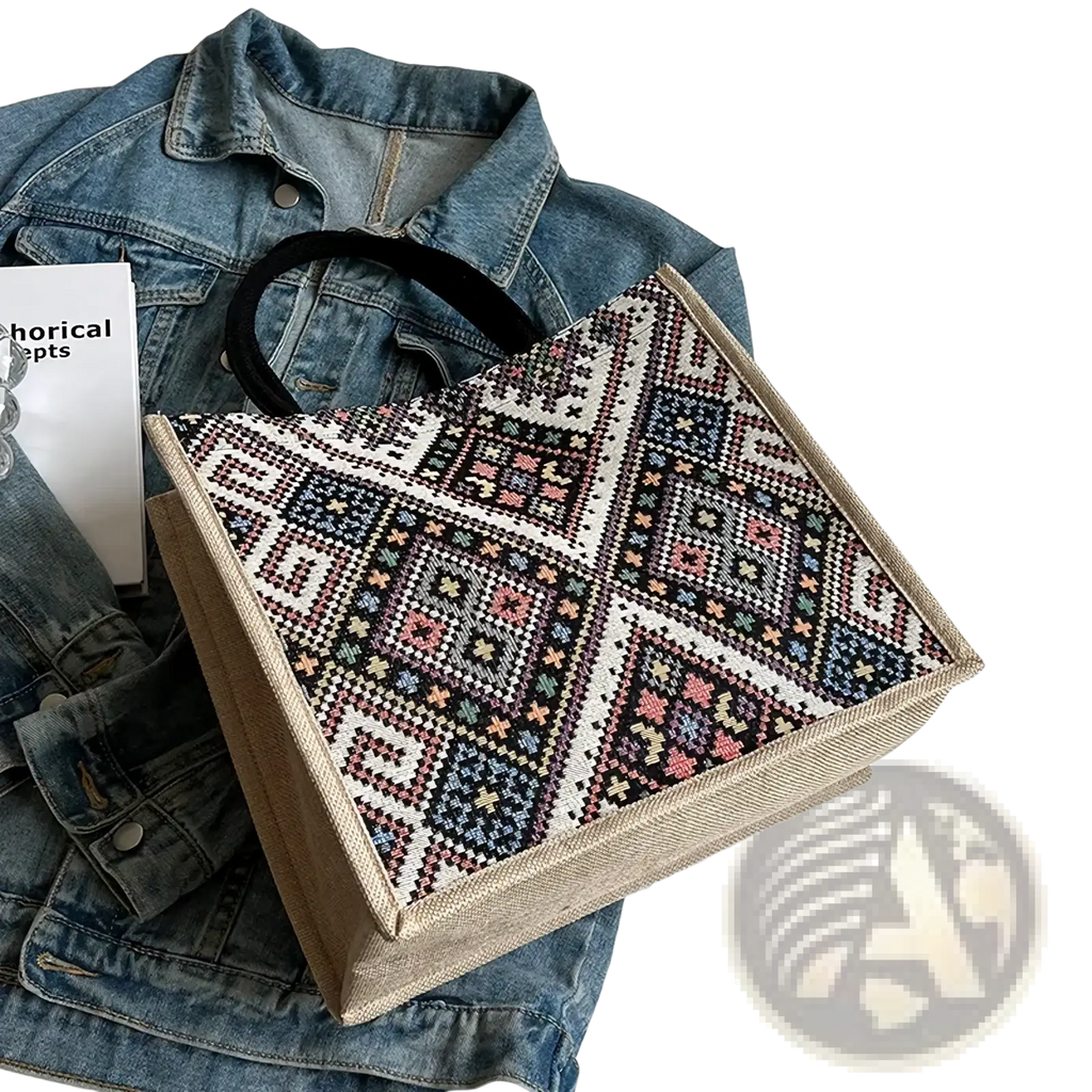 A beige canvas tote bag with vibrant black white pink and blue geometric embroidered pattern for casual commuting