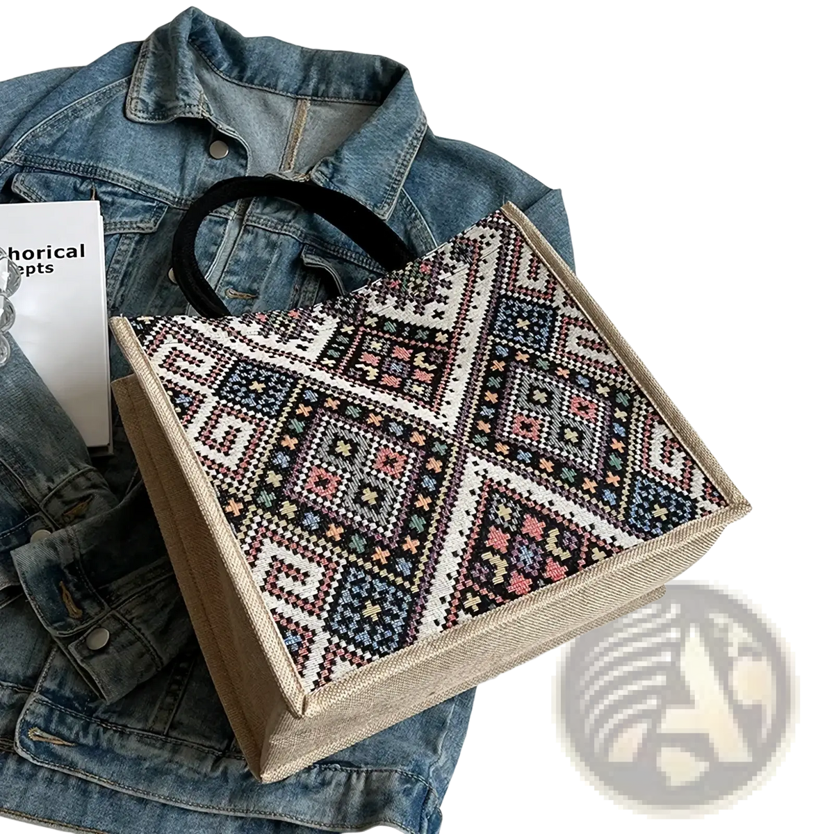A beige canvas tote bag with vibrant black white pink and blue geometric embroidered pattern for casual commuting