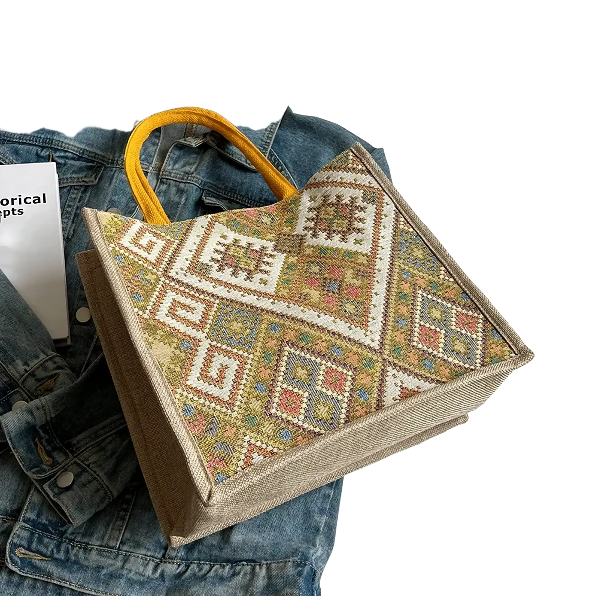 A woven large canvas tote bag with geometric earthy tones pattern and bright yellow handles for casual commuting