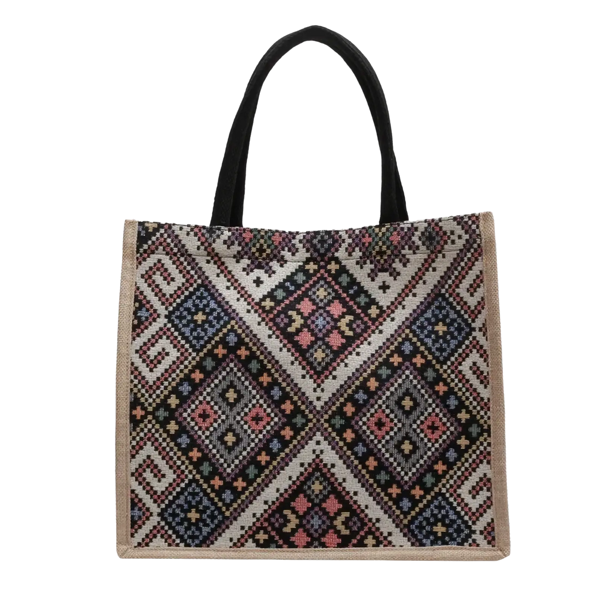 Geometric canvas tote bag large casual commuter handbag with black handles and pink blue gray beige woven pattern