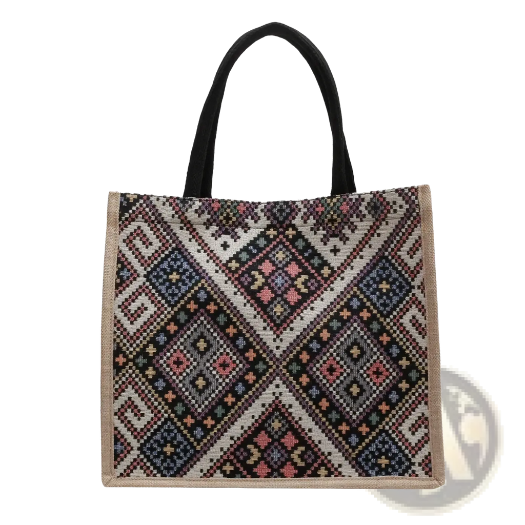 Geometric canvas tote bag large casual commuter handbag with black handles and pink blue gray beige woven pattern