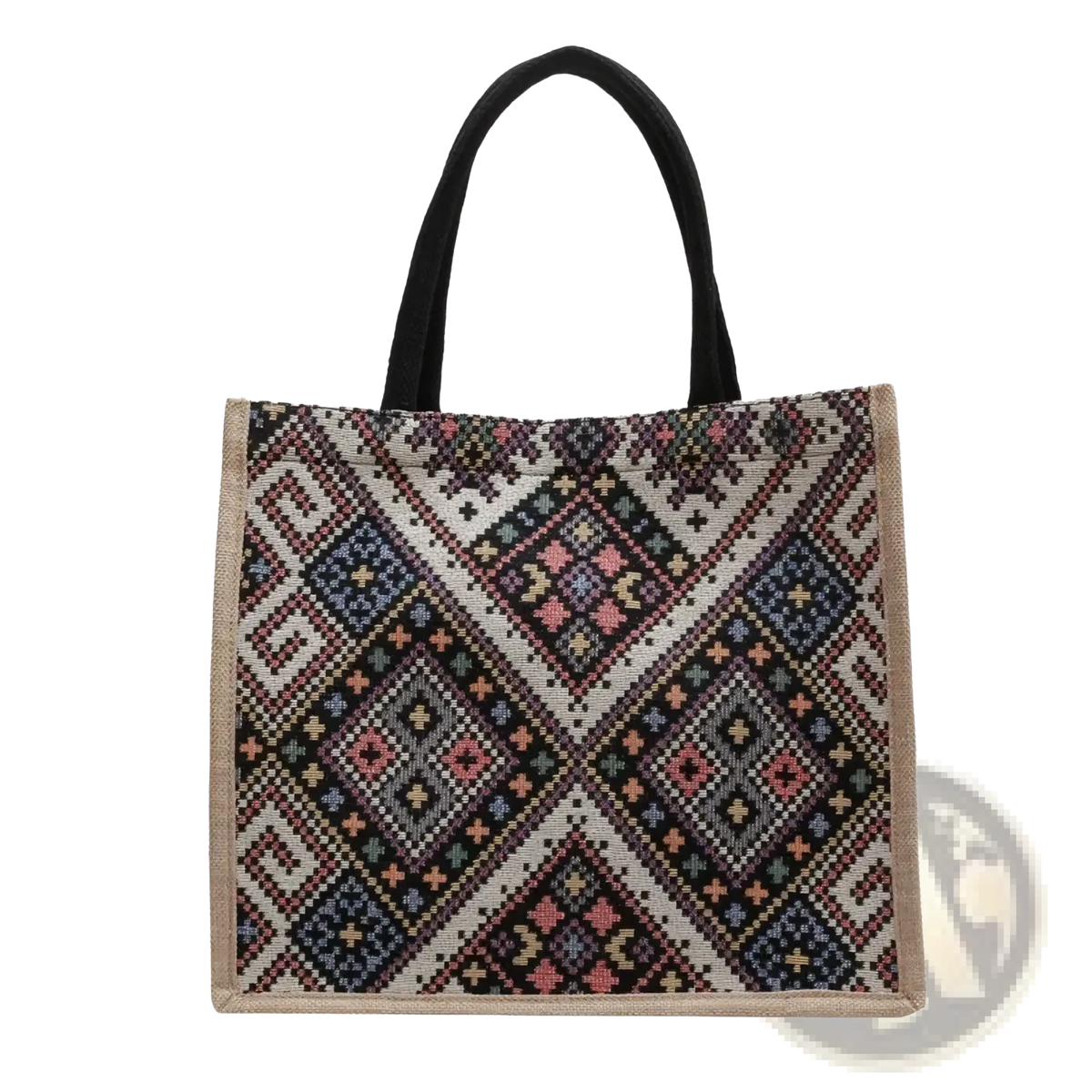 Geometric canvas tote bag large casual commuter handbag with black handles and pink blue gray beige woven pattern