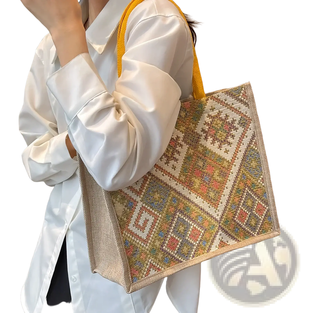 A large geometric canvas tote bag with earthy tones bright accents and sturdy yellow handles for casual commuting
