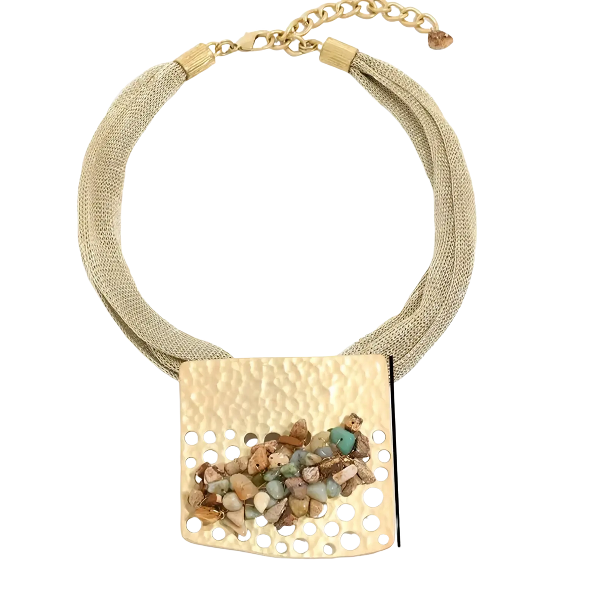 Beige textured mesh choker necklace with gold-toned hammered rectangular pendant and multicolored stones for women