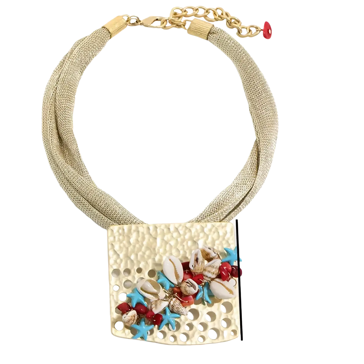 Beige textured mesh geometric choker necklace with rectangular hammered metal pendant adorned with seashells starfish and red beads