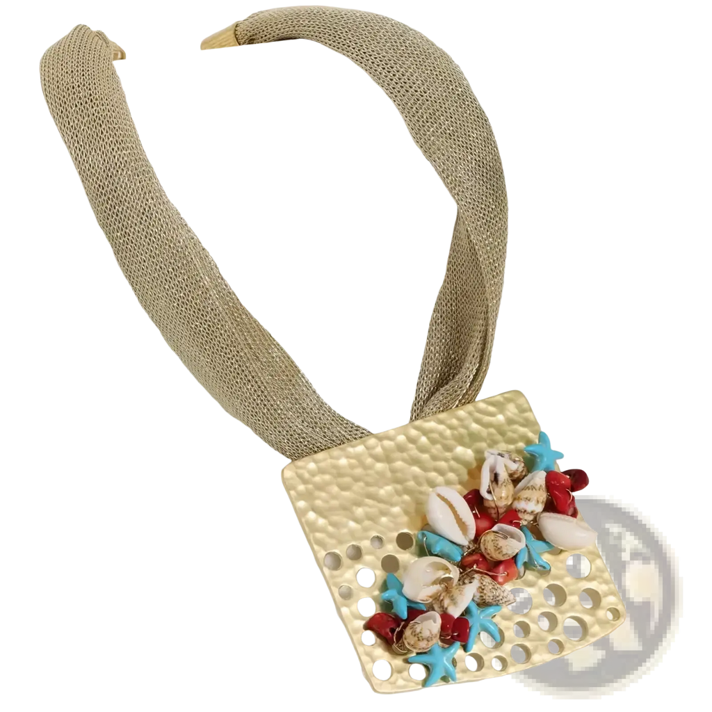 Gold-toned hammered square pendant geometric choker necklace with textured mesh strap and colorful seashell and starfish accents