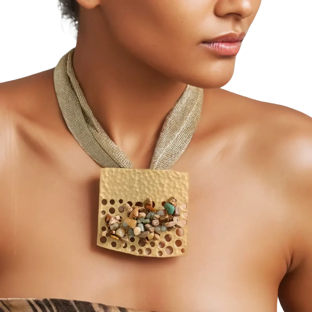 Gold-toned hammered metal geometric choker necklace with square perforated design and earthy natural stones for women