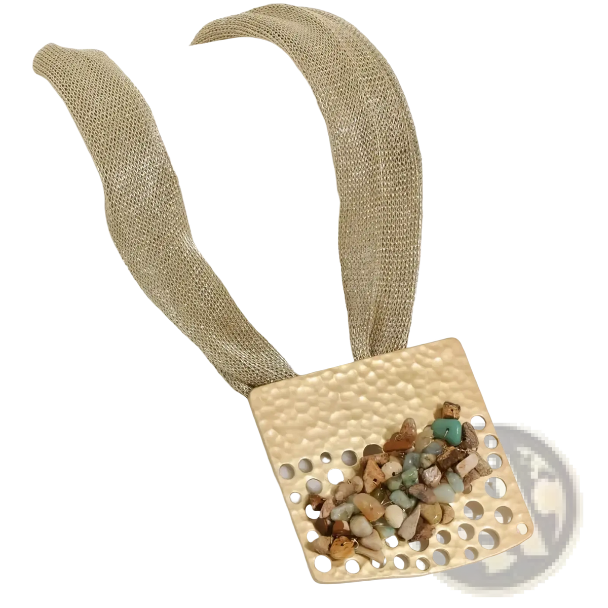 Gold-toned hammered metal geometric choker necklace with square design and multicolored stone cutouts for women