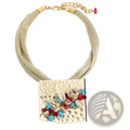 Beige textured mesh geometric choker necklace with rectangular hammered metal pendant adorned with seashells starfish and red beads