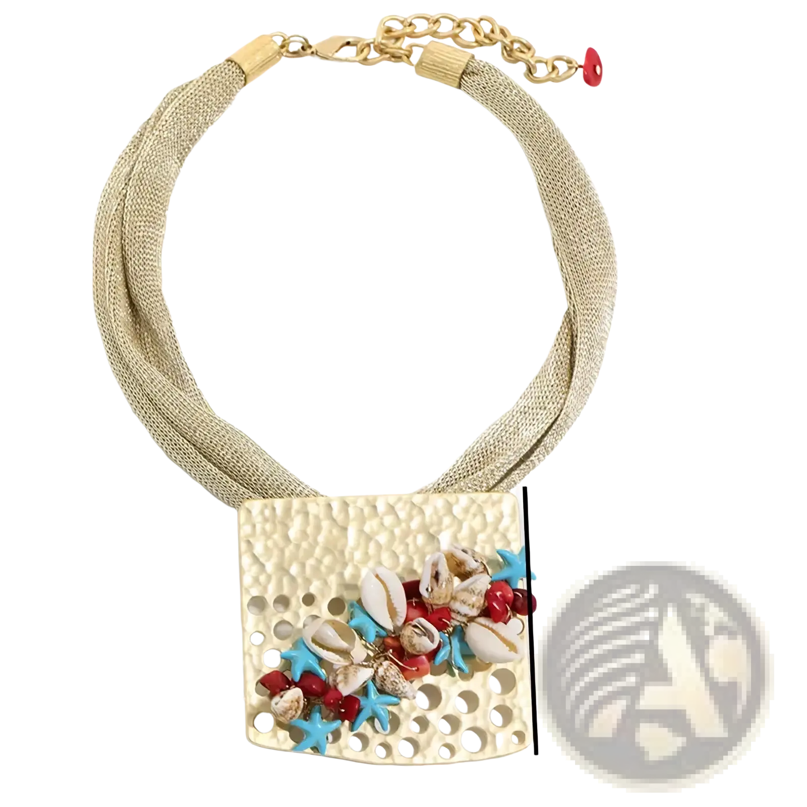 Beige textured mesh geometric choker necklace with rectangular hammered metal pendant adorned with seashells starfish and red beads