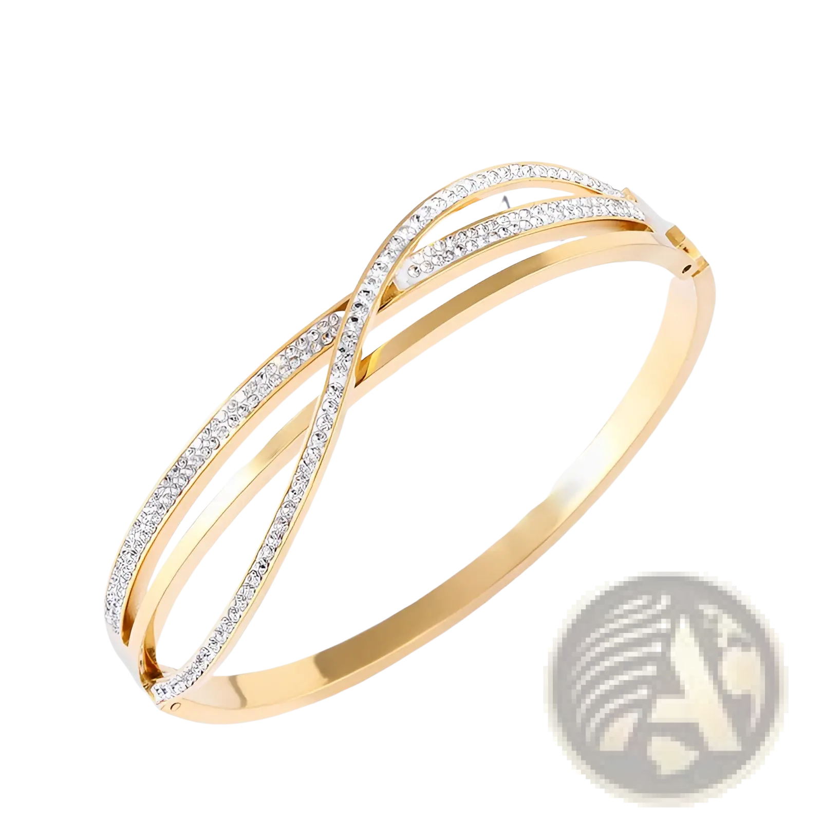 Gold-toned geometric crystal inlaid titanium steel bangle with a sleek intertwined design and sparkling clear crystals