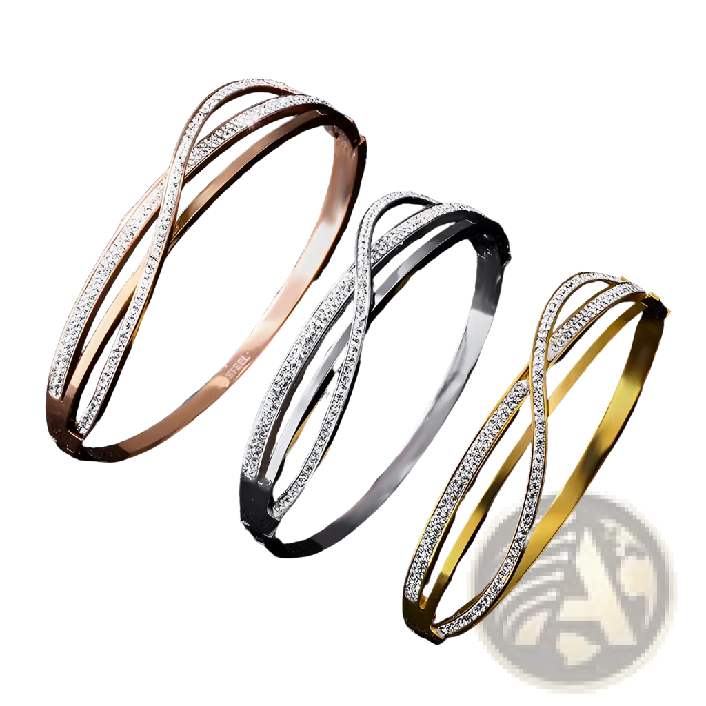 Three elegant interlocking titanium steel bangles in rose gold silver and yellow gold with crystal inlaid edges