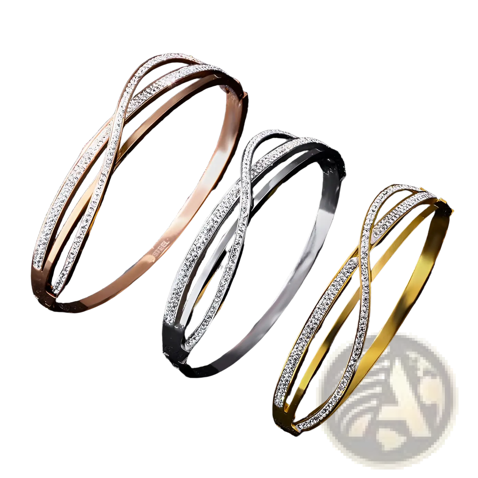 Three elegant interlocking titanium steel bangles in rose gold silver and yellow gold with crystal inlaid edges