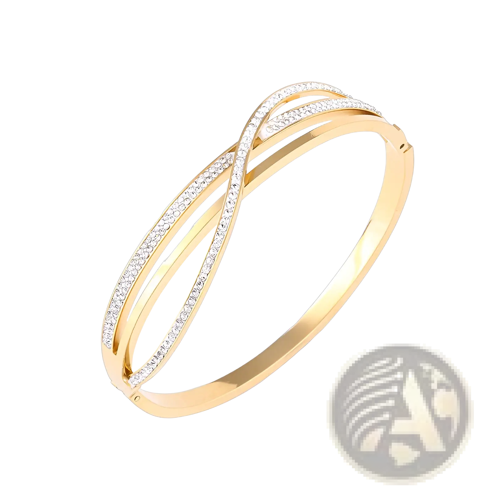 Gold-toned geometric crystal inlaid titanium steel rose gold bangle with intersecting bands and clear sparkling stones