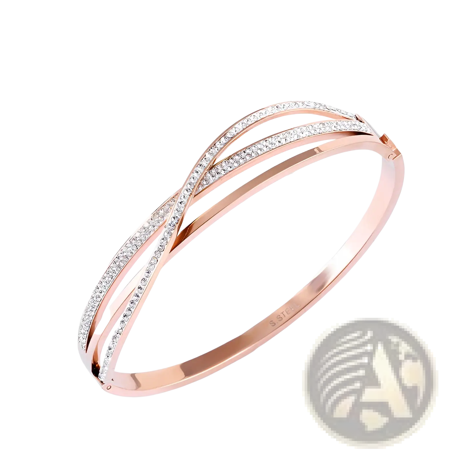 Rose gold cross-strapped titanium steel bangle with geometric design and sparkling clear crystal inlays