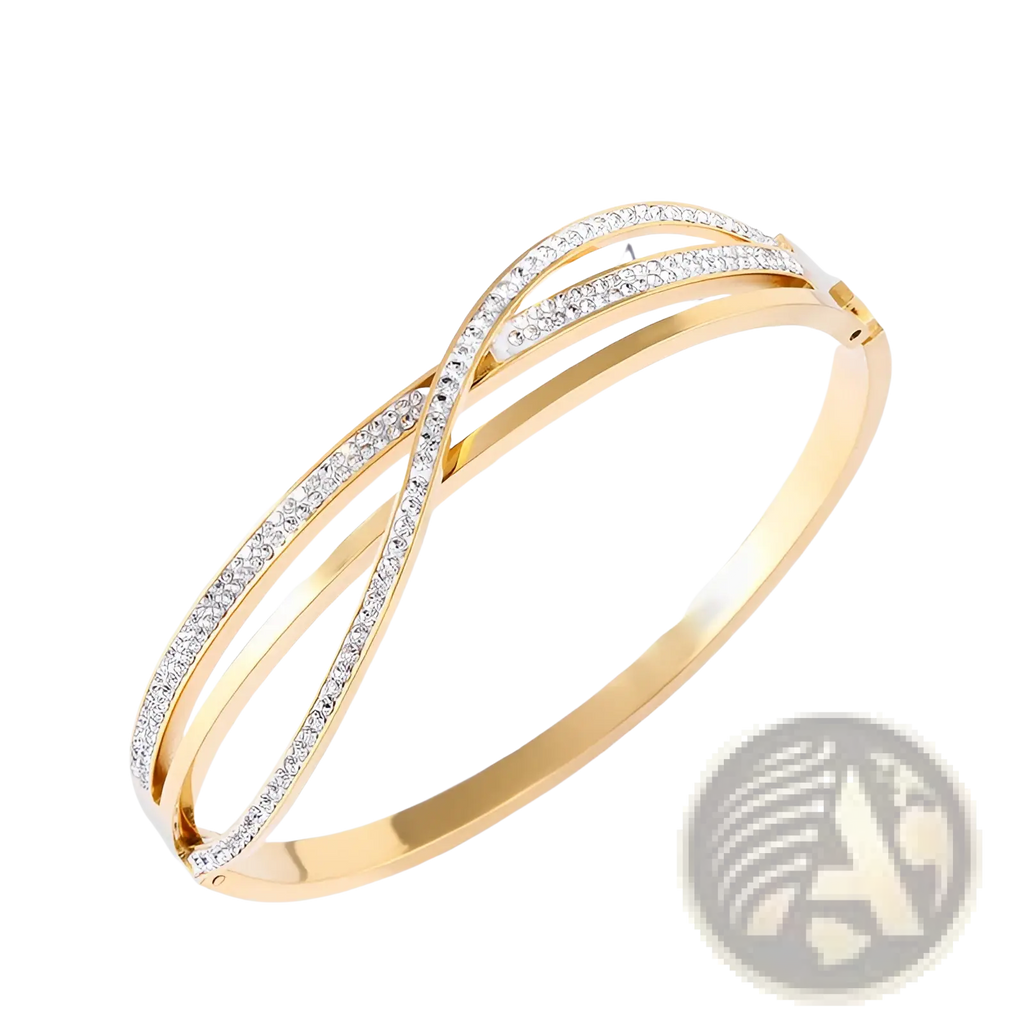 Geometric crystal inlaid gold-toned titanium steel bangle with sleek intertwined design and clear sparkling crystals