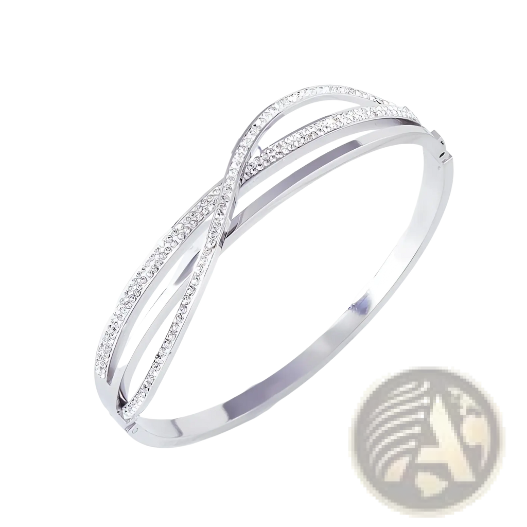 Silver infinity bangle with clear crystal inlay along intersecting bands in geometric rose gold titanium steel design