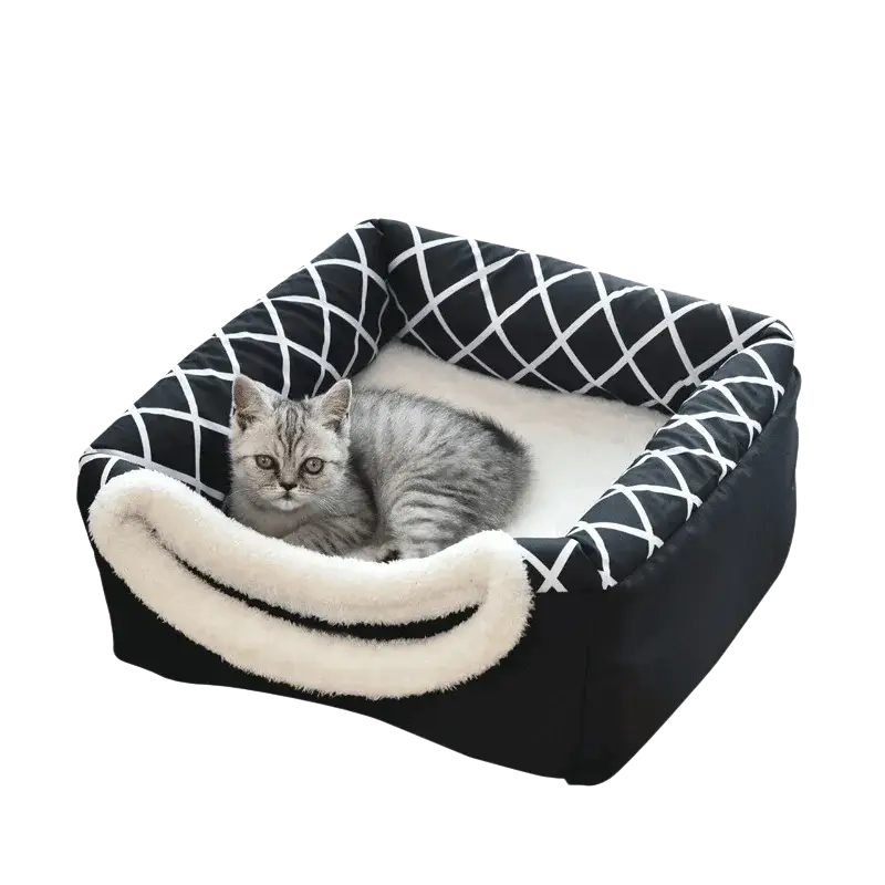 Geometric enclosed cat bed plush cave house with black and white pattern and cream-colored fleece interior