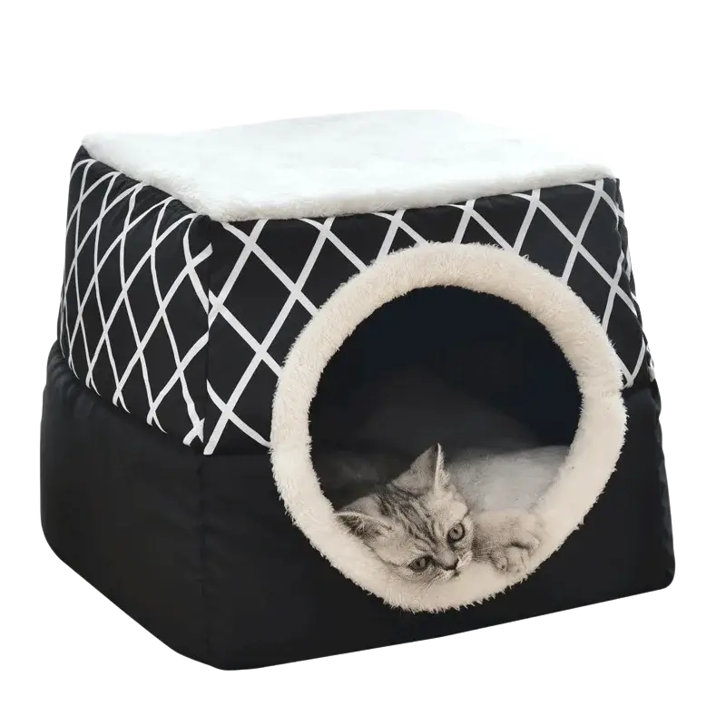 Black and white geometric enclosed cat bed with a soft plush interior for cozy pet comfort and warmth