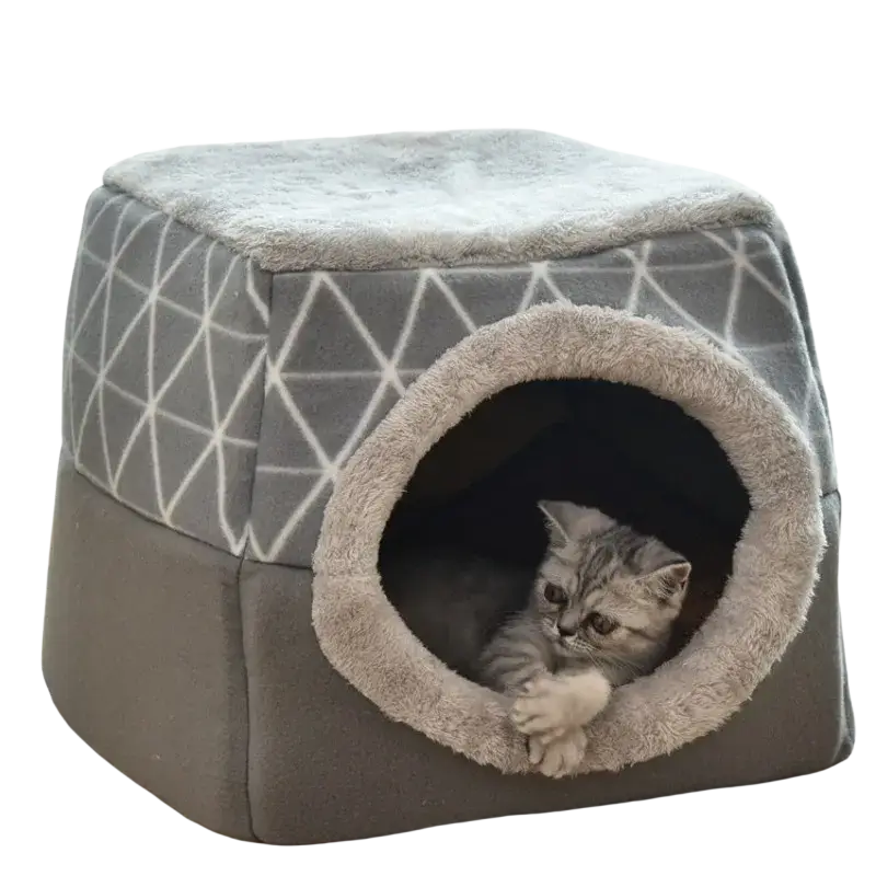 Gray geometric-patterned enclosed cat bed with plush soft interior lining for cozy pet resting