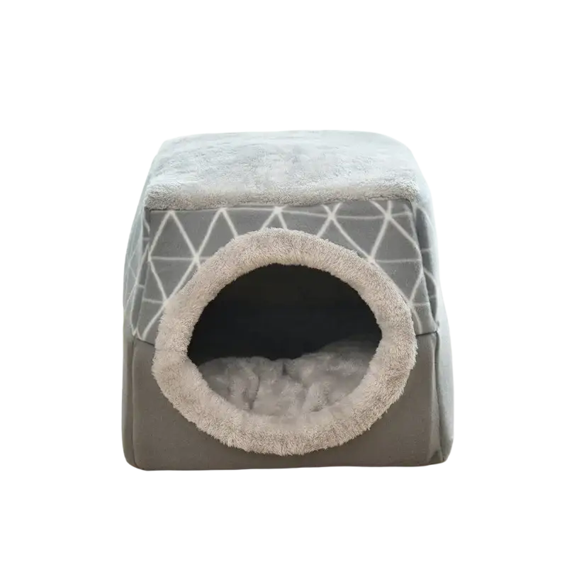 Gray geometric-patterned enclosed cat bed with plush fuzzy lining and a cozy circular entrance for pets