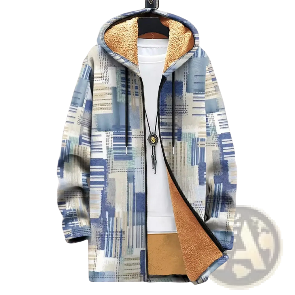 Geometric fleece hooded trench coat in blue and beige abstract pattern with plush tan fleece lining