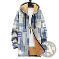 Geometric fleece hooded trench coat in blue and beige abstract pattern with plush tan fleece lining