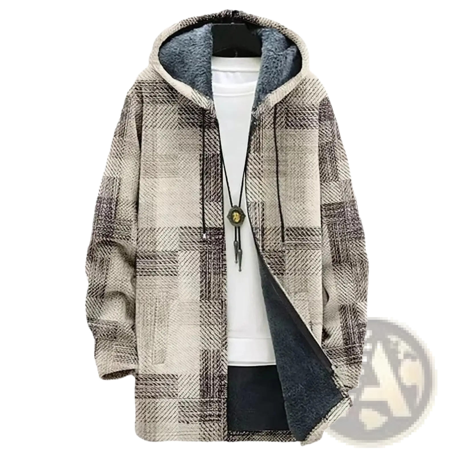 Geometric fleece hooded trench coat in beige and gray plaid with plush dark blue lining for warmth and comfort