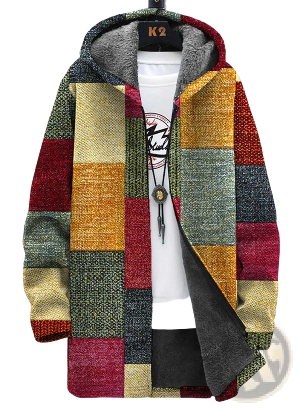 Geometric fleece men’s jacket with patchwork hood in earthy tones metallic sheens and plush gray-lined interior