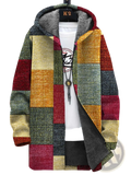 Geometric fleece men’s jacket with patchwork hood in earthy tones metallic sheens and plush gray-lined interior