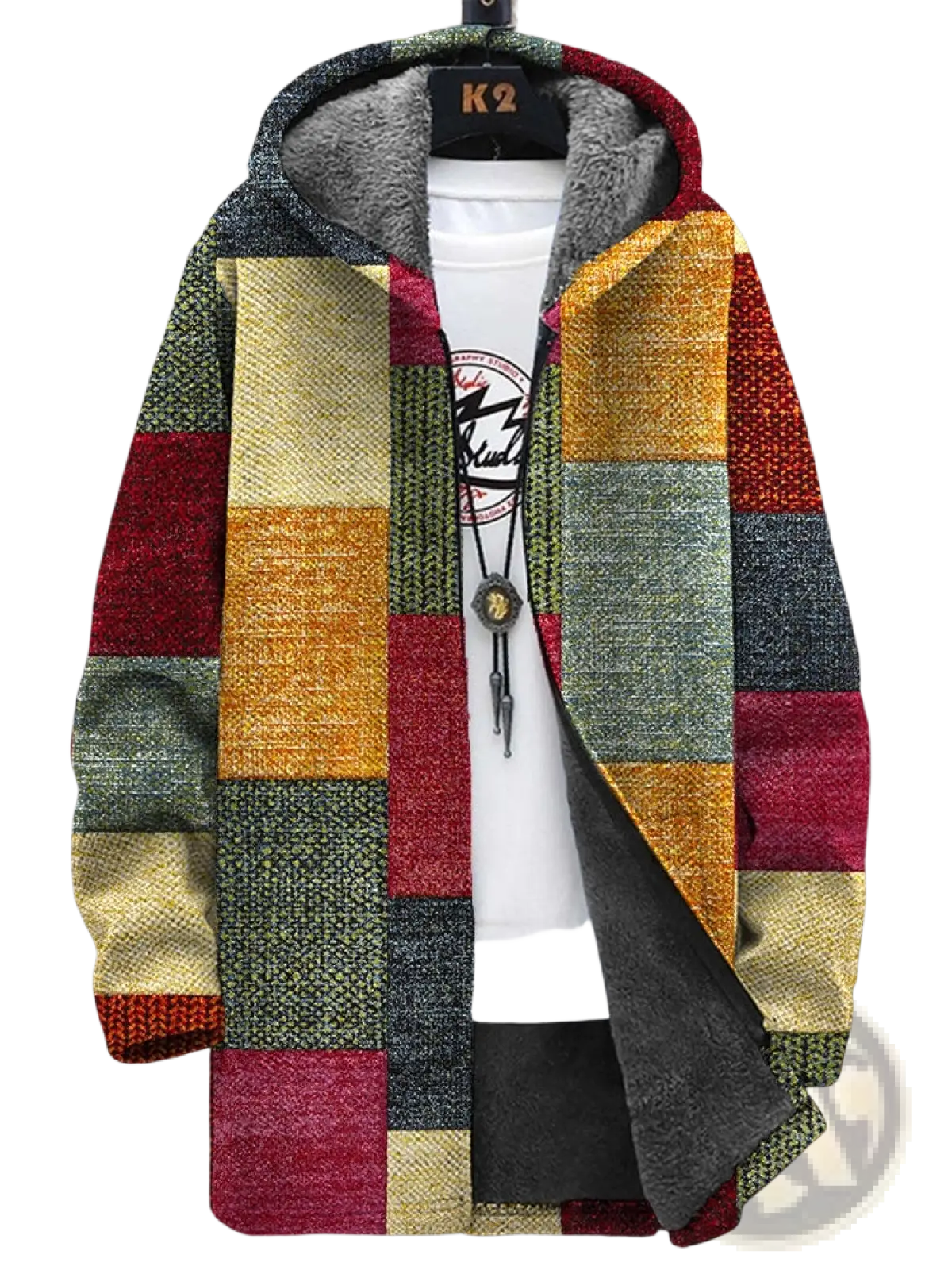 Geometric fleece men’s jacket with patchwork hood in earthy tones metallic sheens and plush gray-lined interior