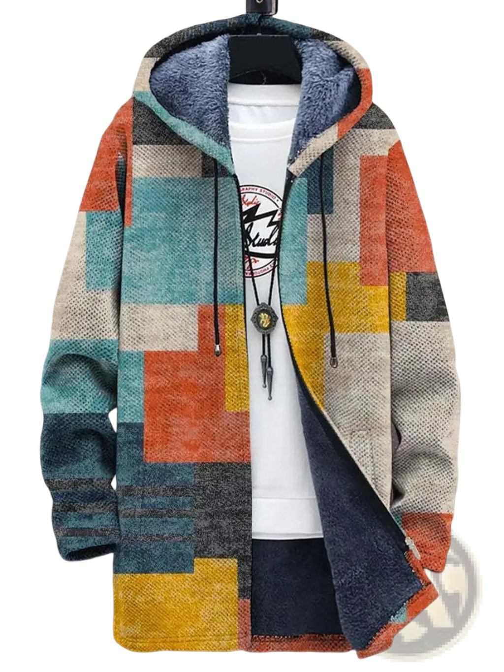 Geometric fleece men’s jacket with multicolored geometric pattern zip-up hoodie and plush blue-lined hood