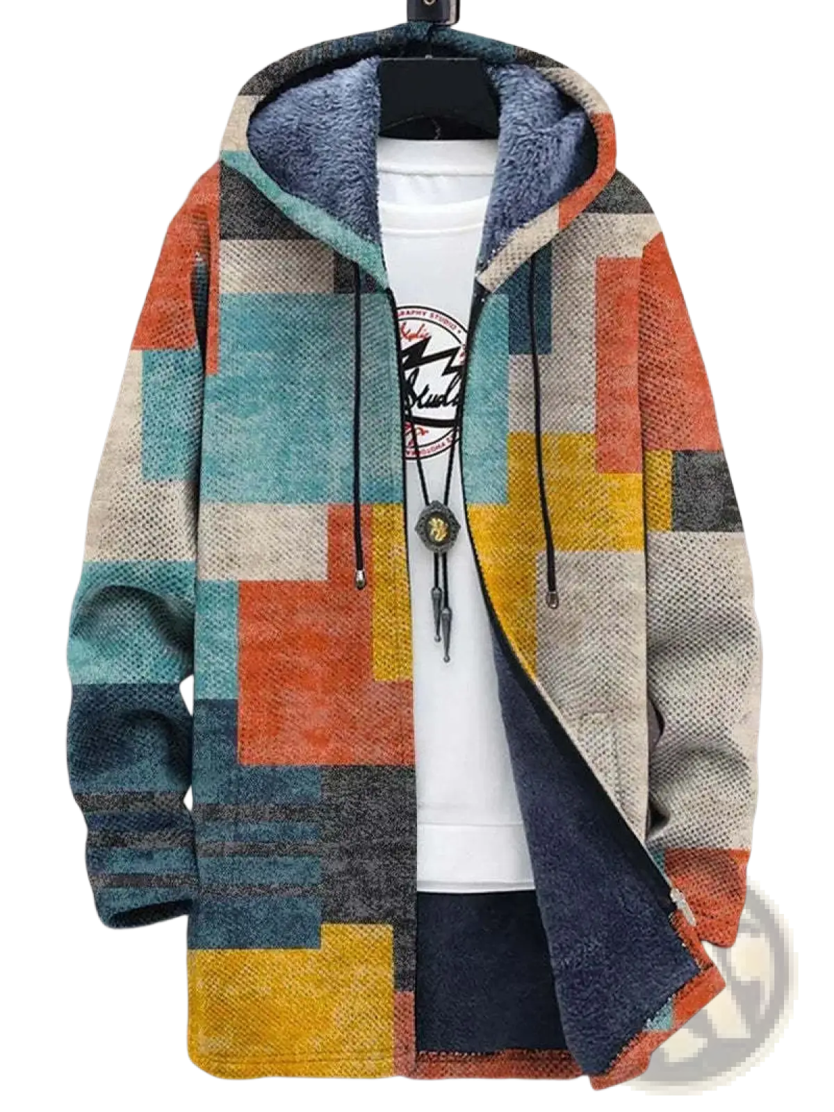 Geometric fleece men’s jacket with multicolored geometric pattern zip-up hoodie and plush blue-lined hood