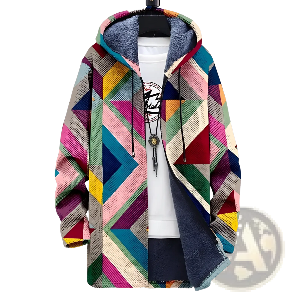 A vibrant geometric fleece men’s jacket with plush blue lining and multicolored diagonal stripes in pink teal and yellow