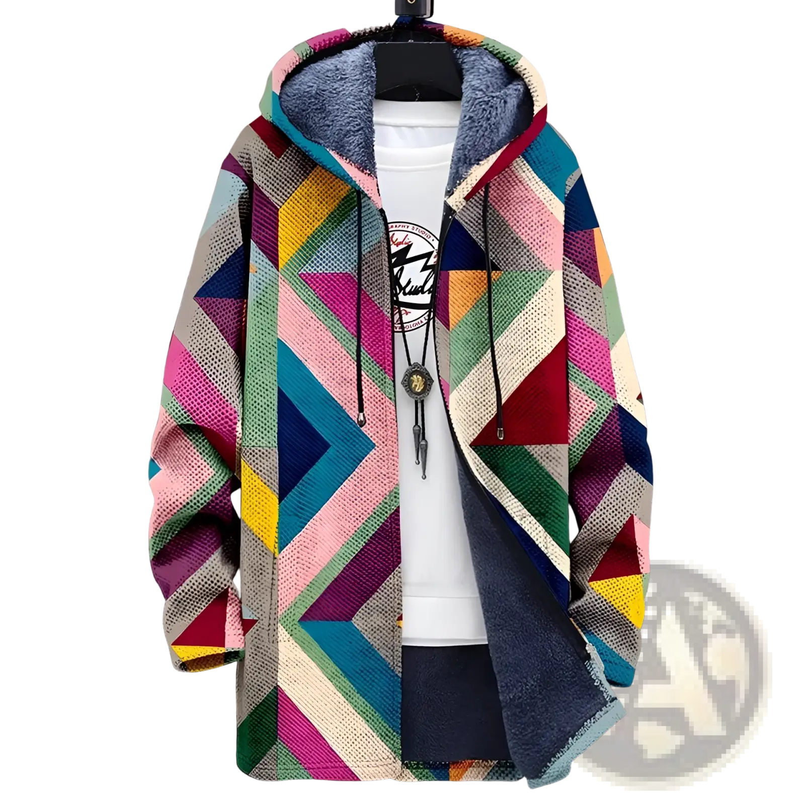 A vibrant geometric fleece men’s jacket with plush blue lining and multicolored diagonal stripes in pink teal and yellow